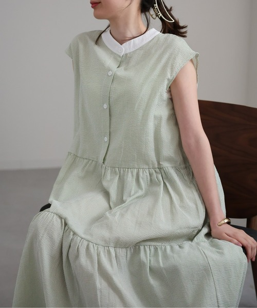 sakishimatokyo(サキシマトーキョー)の「クレリックシャツワンピース/バッグリボンティアードワンピース(シャツワンピース・レディース・ブルー/グレー/グリーン・FREE)」の4枚目の写真