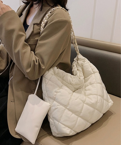 2way／まんまるキルティングバッグ＋ポーチ付／シルバー クーコ COOCO ポーチ付星柄キルティングトートバッグ／A4対応