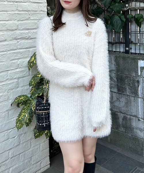 セール】ブローチ付ラメフェザーニットミニワンピース（ワンピース