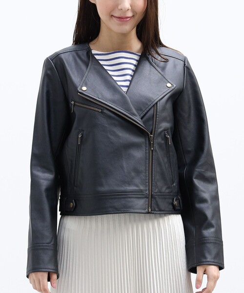 BEAMS HEART(ビームスハート)の「BEAMS HEART / フェイクレザー ノーカラーブルゾン(ライダースジャケット・レディース・ブラック・MEDIUM/SMALL)」の6枚目の写真