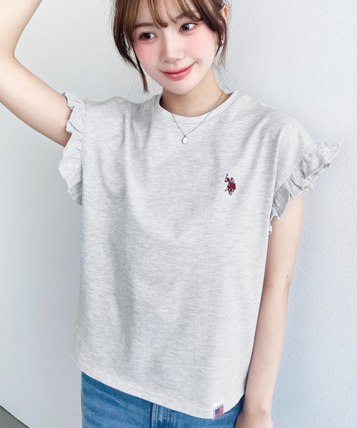 U.S. POLO ASSN.(ユーエスポロアッスン)の「moment+別注【U.S.POLO ASSN.】ワンポイント刺繍ショルダーフリルTシャツ(Tシャツ/カットソー・レディース・ブラック系その他/オフホワイト/グレイッシュベージュ/ブラック/ネイビー/オートミール・M/L)」の4枚目の写真