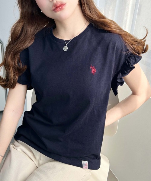 U.S. POLO ASSN.(ユーエスポロアッスン)の「moment+別注【U.S.POLO ASSN.】ワンポイント刺繍ショルダーフリルTシャツ(Tシャツ/カットソー・レディース・ブラック系その他/オフホワイト/グレイッシュベージュ/ブラック/ネイビー/オートミール・M/L)」の6枚目の写真