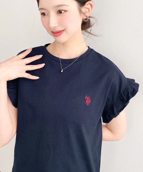 U.S. POLO ASSN.(ユーエスポロアッスン)の「moment+別注【U.S.POLO ASSN.】ワンポイント刺繍ショルダーフリルTシャツ(Tシャツ/カットソー・レディース・ブラック系その他/オフホワイト/グレイッシュベージュ/ブラック/ネイビー/オートミール・M/L)」の16枚目の写真