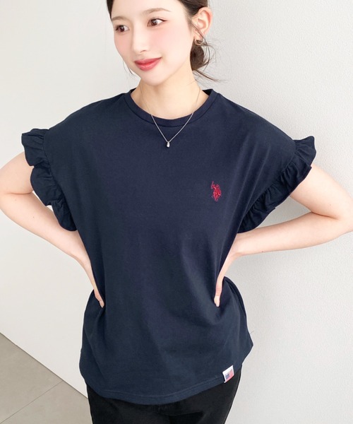 U.S. POLO ASSN.(ユーエスポロアッスン)の「moment+別注【U.S.POLO ASSN.】ワンポイント刺繍ショルダーフリルTシャツ(Tシャツ/カットソー・レディース・ブラック系その他/オフホワイト/グレイッシュベージュ/ブラック/ネイビー/オートミール・M/L)」の14枚目の写真