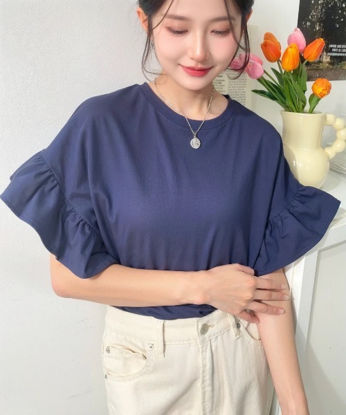 セール】綿100％天竺.半袖ショルダーフリルTシャツ（Tシャツ