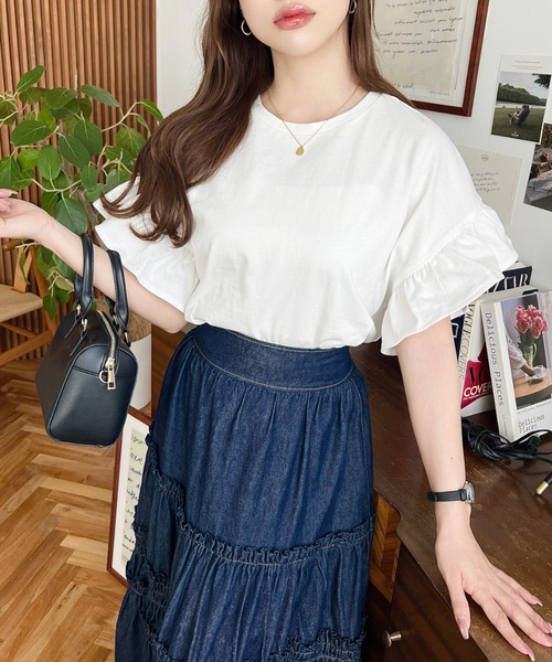 セール】綿100％天竺.半袖ショルダーフリルTシャツ（Tシャツ