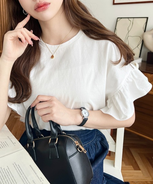 在庫処分セール 45R カディフリル フリル 切り替え Tシャツ 綿100% サイズ0 トップス