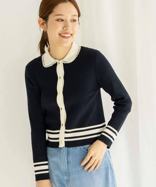 NOLLEY’S(ノーリーズ)の「《手洗い可能》配色リブ衿付きカーディガン(カーディガン/ボレロ・レディース・ブルー系その他7/ホワイト系その他4・38)」の8枚目の写真