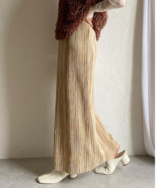 She's Closet（シーズクローゼット）の「【セルフカット対応】ニュアンス柄ストレートIラインハイウエスト細プリーツロングスカート（スカート・レディース・グレー/ブラック/グリーン/オレンジ/ベージュ・FREE）」の4枚目の写真