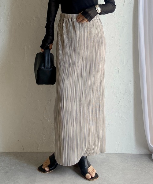 She's Closet（シーズクローゼット）の「【セルフカット対応】ニュアンス柄ストレートIラインハイウエスト細プリーツロングスカート（スカート・レディース・グレー/ブラック/グリーン/オレンジ/ベージュ・FREE）」の3枚目の写真