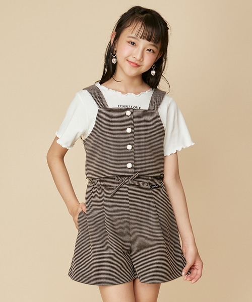 JENNI love（ジェニィラブ）の「【3点セット・ウエスト調整可能】リブT＋ビスチェ＋ショーパンセット（Tシャツ/カットソー・キッズ・オフホワイト/ブラック・140cm/130cm/160cm/150cm）」の2枚目の写真