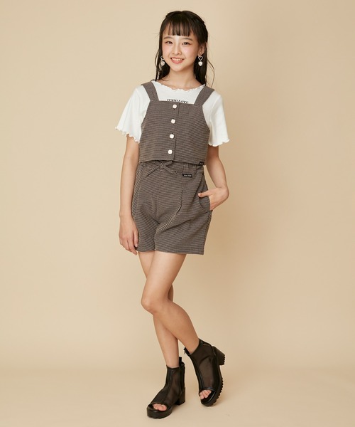 JENNI love（ジェニィラブ）の「【3点セット・ウエスト調整可能】リブT＋ビスチェ＋ショーパンセット（Tシャツ/カットソー・キッズ・オフホワイト/ブラック・140cm/130cm/160cm/150cm）」の3枚目の写真