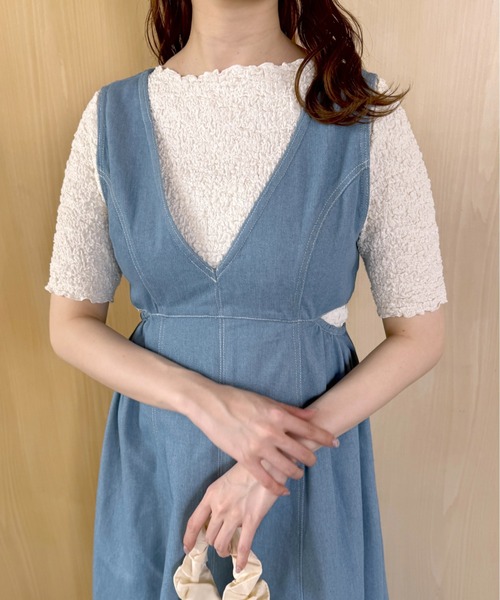 mysty woman（ミスティウーマン）の「［追加1］シャーリングクルーネックプルオーバー 116896（Tシャツ/カットソー・レディース・ブルー/オフホワイト/ライトグリーン/ブラック/オレンジ・FREE）」の6枚目の写真