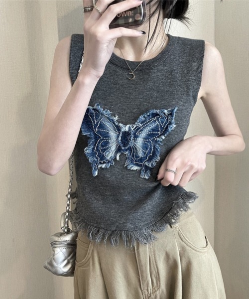 Ritzy（リッツィー）の「蝶デザイン ノースリーブトップス（Tシャツ/カットソー・レディース・アイボリー/チャコールグレー/ブラック・FREE）」の10枚目の写真