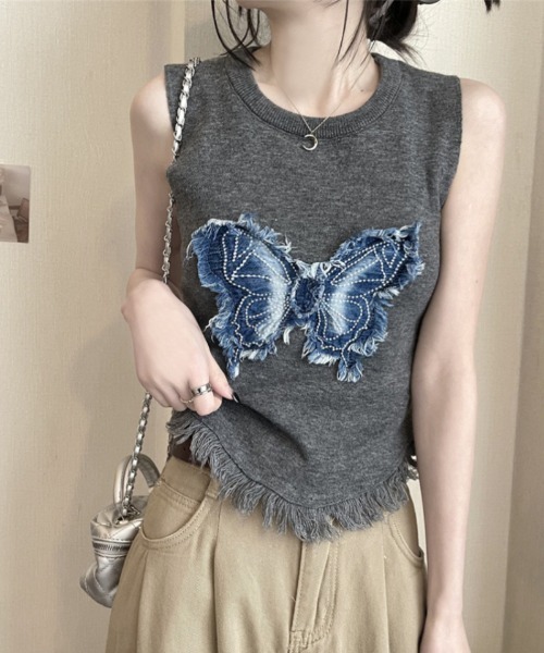 Ritzy（リッツィー）の「蝶デザイン ノースリーブトップス（Tシャツ/カットソー・レディース・アイボリー/チャコールグレー/ブラック・FREE）」の9枚目の写真