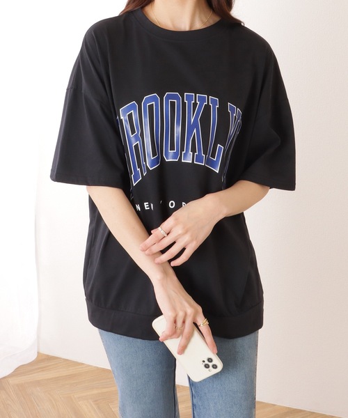 Lace Ladies(レースレディース)の「カレッジロゴ風 ビッグシルエット 半袖 ドロップショルダー プルオーバー(Tシャツ/カットソー・レディース・ブラック/ダークグレー/ネイビー/ライトグレー・M/XL)」の5枚目の写真