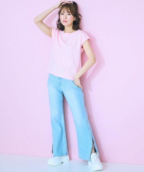 marun（マルン）の「＜大きいサイズ＞ フレンチスリーブTシャツ marun（Tシャツ/カットソー・レディース・チャコール/オフホワイト/ピンク・5L/4L/3L/LL/L）」の7枚目の写真