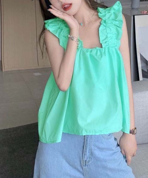 gossip!ロサンゼルス(ゴシップロサンゼルス)の「ギャザーフリル ノースリーブ(その他トップス・レディース・グリーン/ホワイト・FREE)」の10枚目の写真