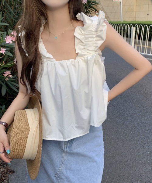 gossip!ロサンゼルス(ゴシップロサンゼルス)の「ギャザーフリル ノースリーブ(その他トップス・レディース・グリーン/ホワイト・FREE)」の3枚目の写真