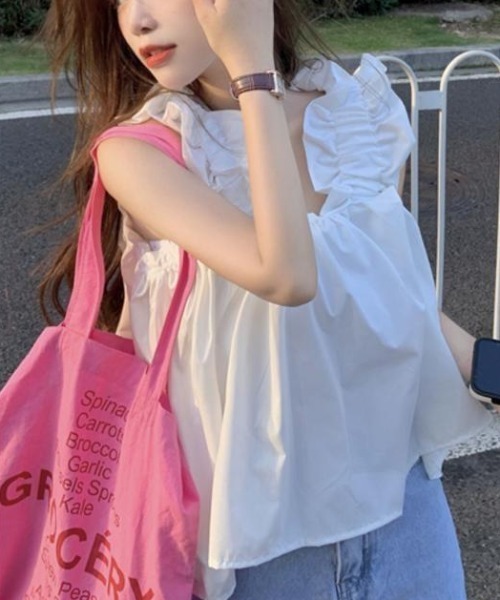 gossip!ロサンゼルス(ゴシップロサンゼルス)の「ギャザーフリル ノースリーブ(その他トップス・レディース・グリーン/ホワイト・FREE)」の4枚目の写真