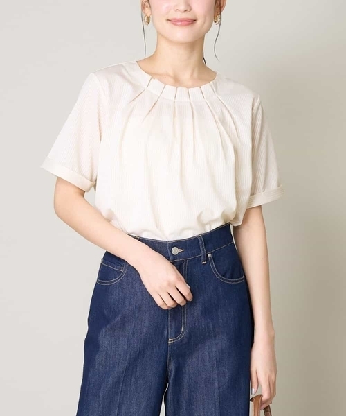 a.v.v（アーヴェヴェ）の「【UVカット/イージーケア】ストライプジャガードトップス（Tシャツ/カットソー・レディース・ブルー/ネイビー/ライトグレー・42/34/36/38/40）」の2枚目の写真