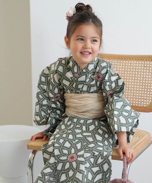 キッズ浴衣3点セット utatane グリーンの広がる菊（浴衣）｜utatane（ウタタネ）