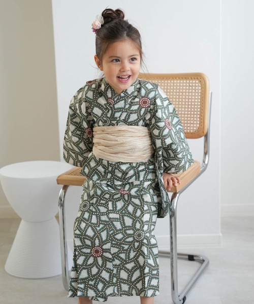 キッズ浴衣3点セット utatane グリーンの広がる菊（浴衣）｜utatane（ウタタネ）