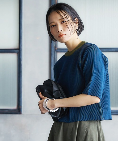 Soiunique（スワユニーク）の「配色編みUネックニットトップス ［Soiunique］（ニット/セーター・レディース・ネイビー系/ブラック系・M/L/LL）」の3枚目の写真