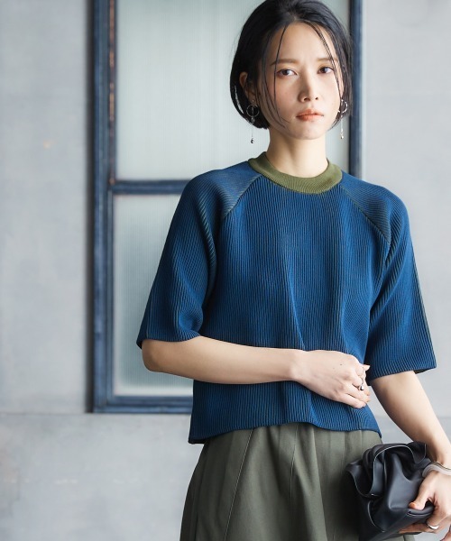 Soiunique（スワユニーク）の「配色編みUネックニットトップス ［Soiunique］（ニット/セーター・レディース・ネイビー系/ブラック系・M/L/LL）」の7枚目の写真