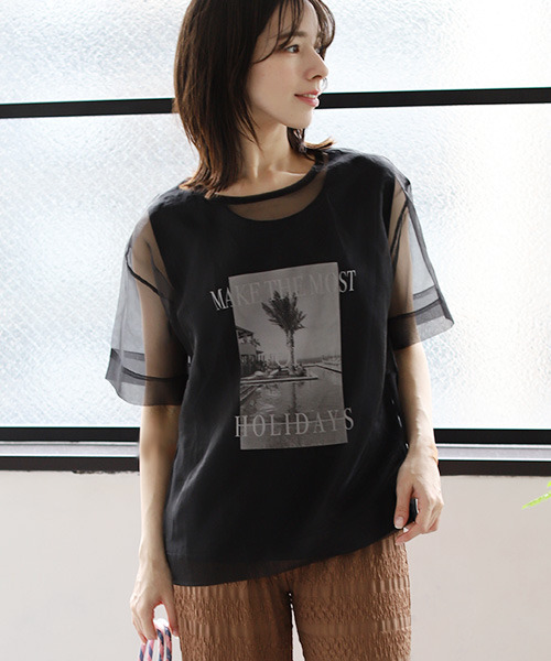 REAL CUBE（リアルキューブ）の「インナーセットシアーオーガンジーTシャツ（Tシャツ/カットソー・レディース・オフホワイト/グレー/ブラック・M）」の2枚目の写真