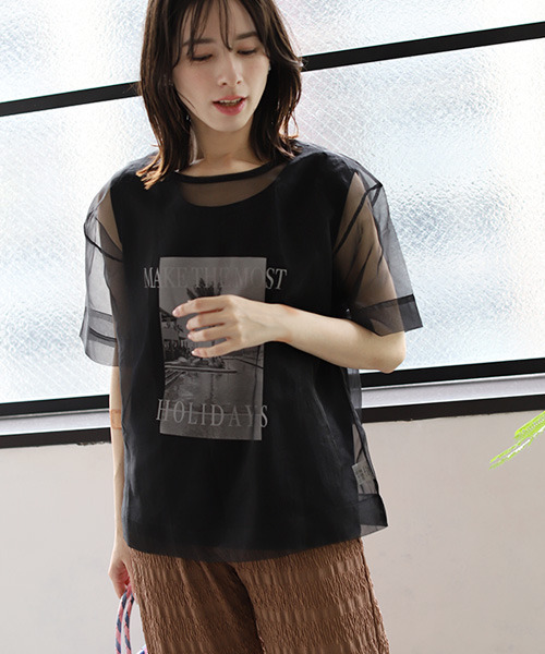 REAL CUBE（リアルキューブ）の「インナーセットシアーオーガンジーTシャツ（Tシャツ/カットソー・レディース・オフホワイト/グレー/ブラック・M）」の4枚目の写真