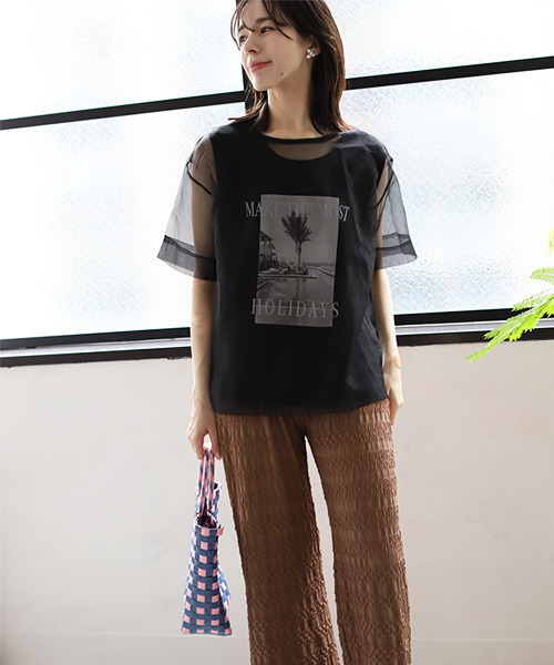 REAL CUBE（リアルキューブ）の「インナーセットシアーオーガンジーTシャツ（Tシャツ/カットソー・レディース・オフホワイト/グレー/ブラック・M）」の8枚目の写真