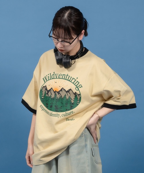 Perushu(ペルーシュ)の「レトロアソートプリントリンガーTシャツ(Tシャツ/カットソー・メンズ・アイボリー/ホワイト系/ホワイト/チャコールグレー/ベージュ・SMALL/MEDIUM/LARGE)」の13枚目の写真