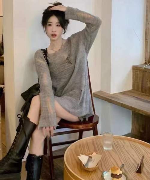 AsheKsha（アシクシャ）の「新色追加/ダメージニット（ニット/セーター・レディース・ピンク/グレー/アイボリー・F）」の6枚目の写真