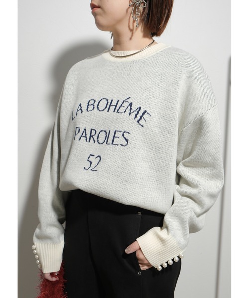 palm RICHE(ポームリシュ)の「2WAYパール付きロゴニットトップス(ニット/セーター・レディース・オフホワイト/チャコールグレー/ブラック・M)」の1枚目の写真