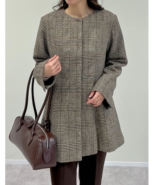 セール】[低身長サイズ有]グレンチェックノーカラーフレアジャケット