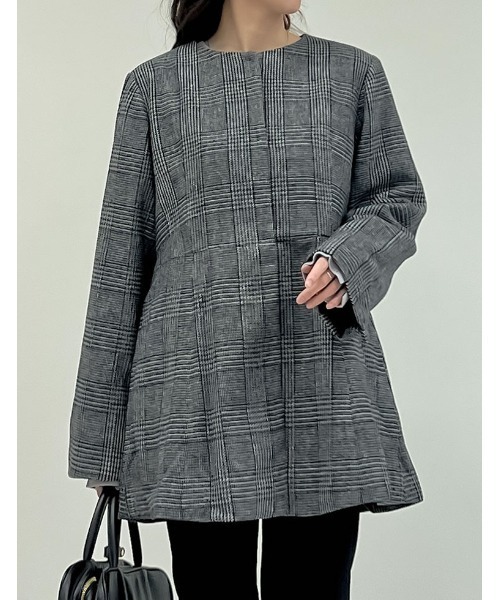 セール】[低身長サイズ有]グレンチェックノーカラーフレアジャケット