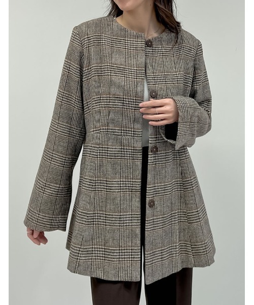 セール】[低身長サイズ有]グレンチェックノーカラーフレアジャケット