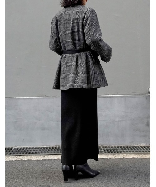 セール】[低身長サイズ有]グレンチェックノーカラーフレアジャケット