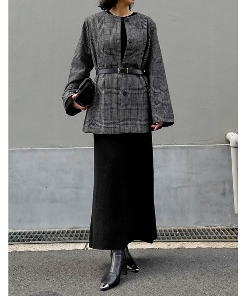 セール】[低身長サイズ有]グレンチェックノーカラーフレアジャケット