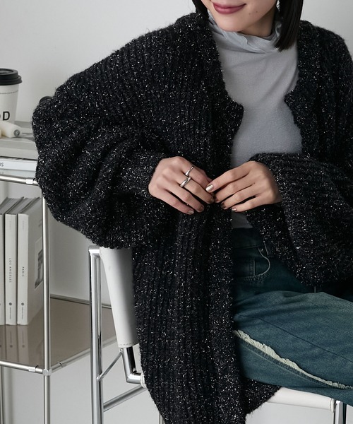 forksy.】ラメMIXボリュームスリーブニットカーディガン（カーディガン