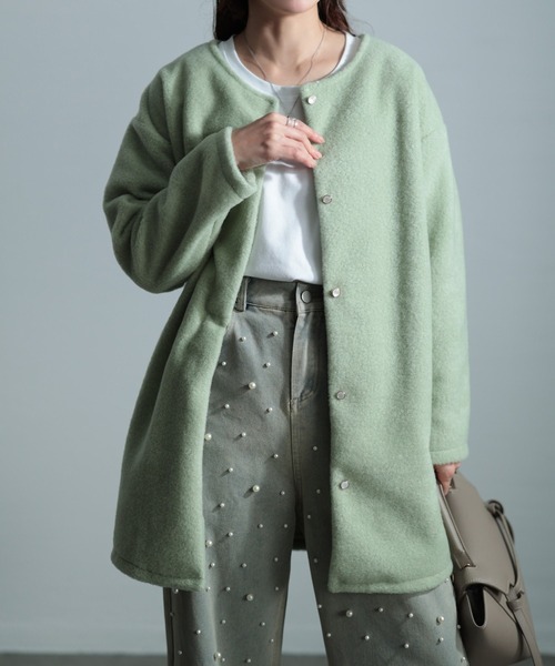 Sawa a la mode（サワアラモード）の「ノーカラー起毛ジャケット（ノーカラージャケット・レディース・ホワイト/グリーン/モカ・FREE）」の3枚目の写真