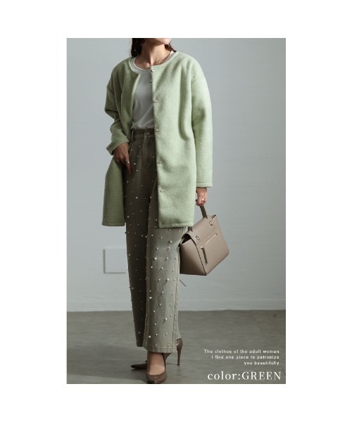 Sawa a la mode（サワアラモード）の「ノーカラー起毛ジャケット（ノーカラージャケット・レディース・ホワイト/グリーン/モカ・FREE）」の11枚目の写真