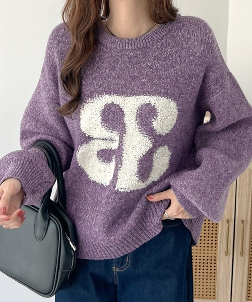 Futier land(フューティアランド)の「アートロゴ相良刺繍ニットトップス(ニット/セーター・レディース・ブルー系その他/チャコールグレー/パープル・FREE)」の3枚目の写真
