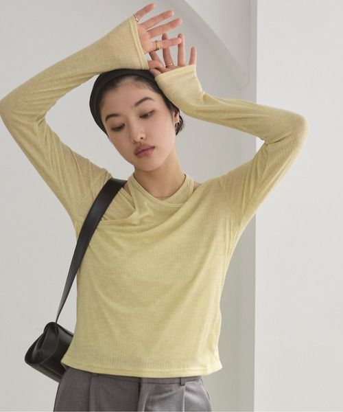 セール】レイヤード風 リブ シアー トップス（Tシャツ