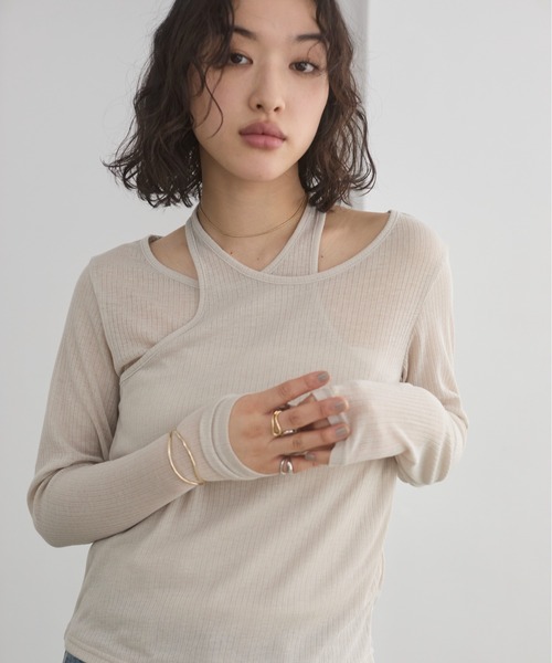 ameri vintage レイヤードシアートップス セール】レイヤード風 リブ シアー トップス（Tシャツ
