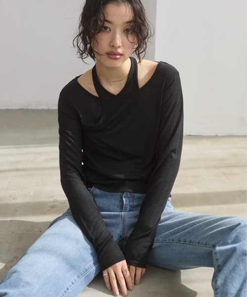 セール】レイヤード風 リブ シアー トップス（Tシャツ