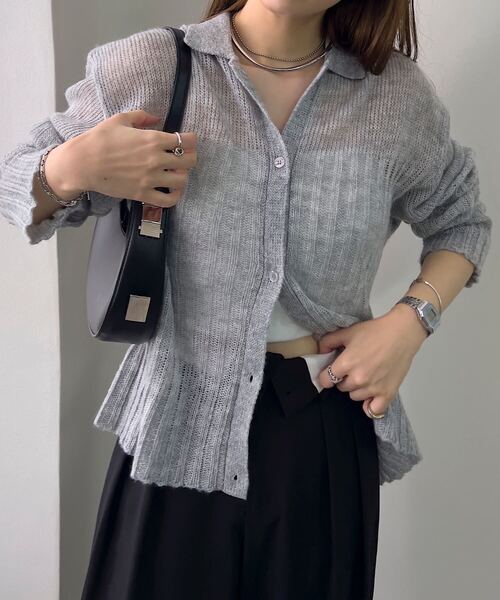 KOBE LETTUCE(コウベレタス)の「透かし編みポロニットカーディガン(カーディガン/ボレロ・レディース・サーモンピンク/イエロー/グレー/ネイビー・M)」の2枚目の写真