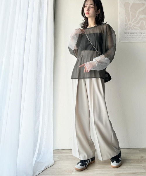 classicalelf(クラシカルエルフ)の「シャリ感素材で魅せる。袖シアー配色シャリシャリ素材サマーニット(長袖)(Tシャツ/カットソー・レディース・チャコール・MEDIUM/LARGE/X-LARGE/SMALL)」の4枚目の写真