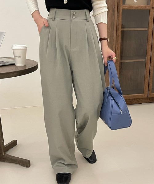 DAY CLOSET（デイ クローゼット）の「レディース マニッシュハイウエストダブルボタンワイドタックパンツ（スラックス・レディース・ダークグレー/ブラウン/グレイッシュベージュ/ブラック・S/M/L）」の4枚目の写真